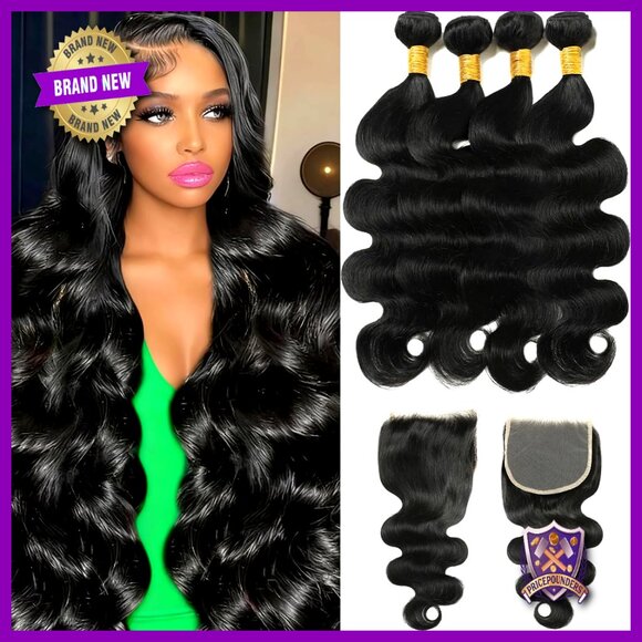 Body Wave Human Hair Extensions 4 Bundles with 5x5 HD Lace Closure